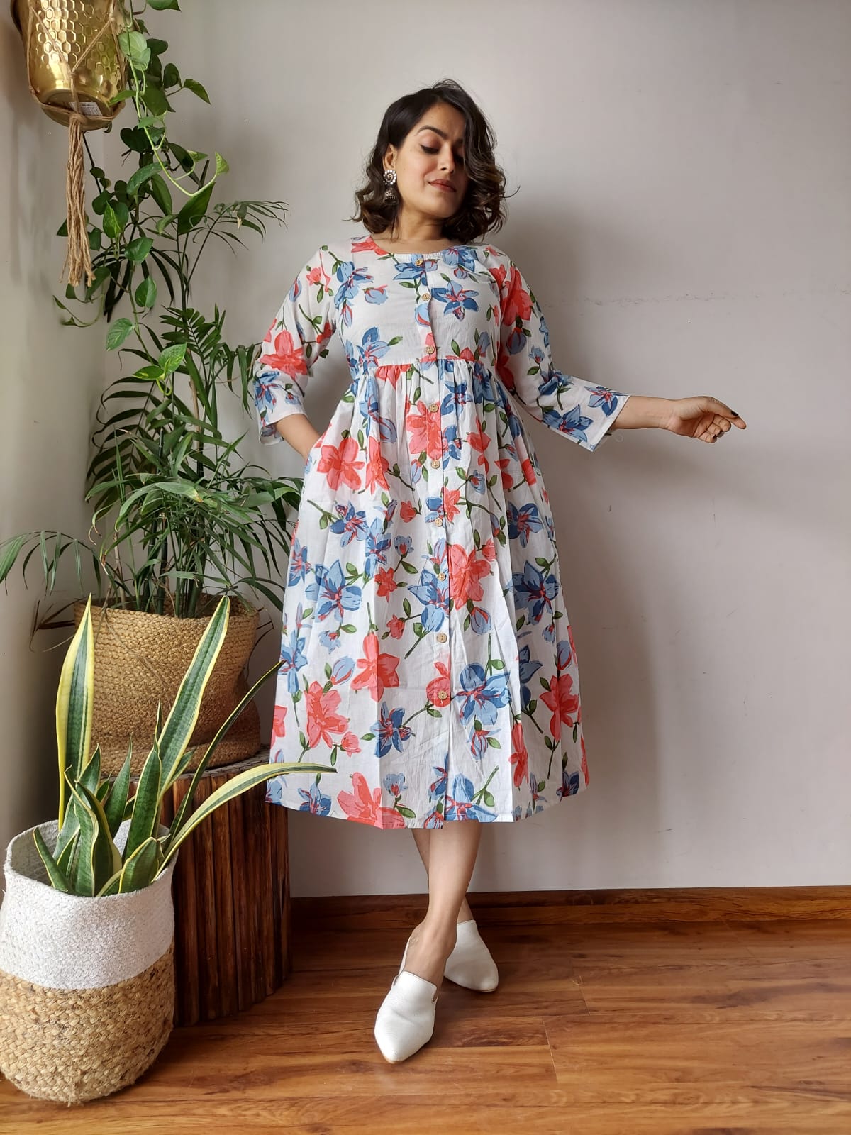 Handblock Print Cotton Kurti One Piece Dress With Sleeves