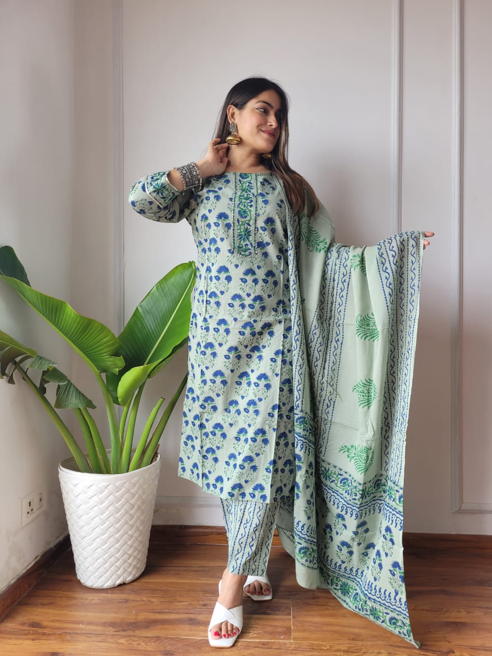 Premium Quality Handblock Print Cotton Suits Kurti Pant Dupatta Set