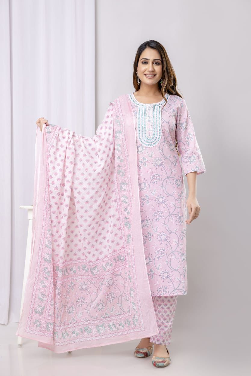 Jaipuri suits cotton kurti pant dupatta sanganeri print dress
