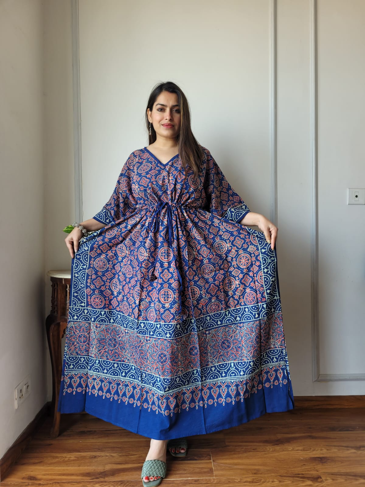 Pure Cotton Handblock Print Kaftan Maxi Night Wear Lounge Wear Night Gown Dress