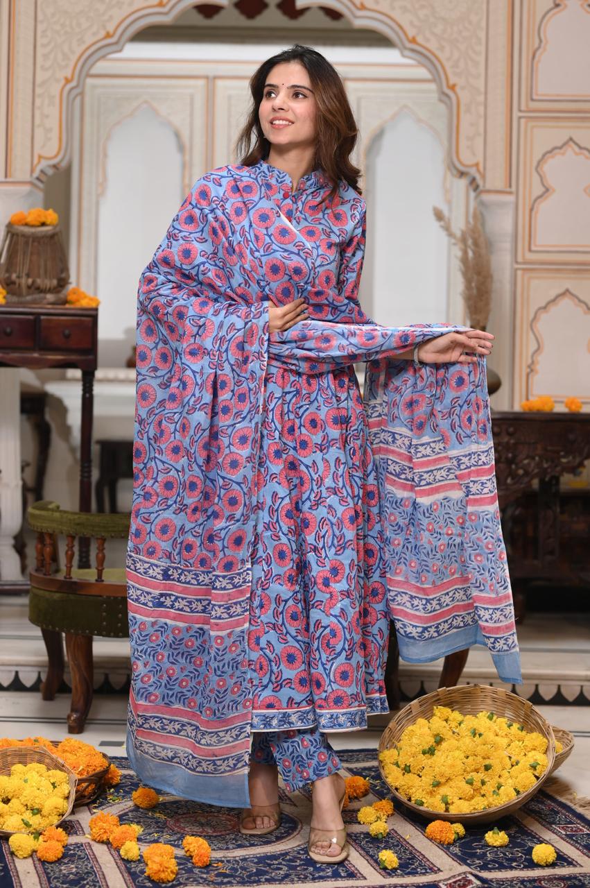 Bagru Handblock Printed Anarkali Set Kurti Pant Dupatta Suits