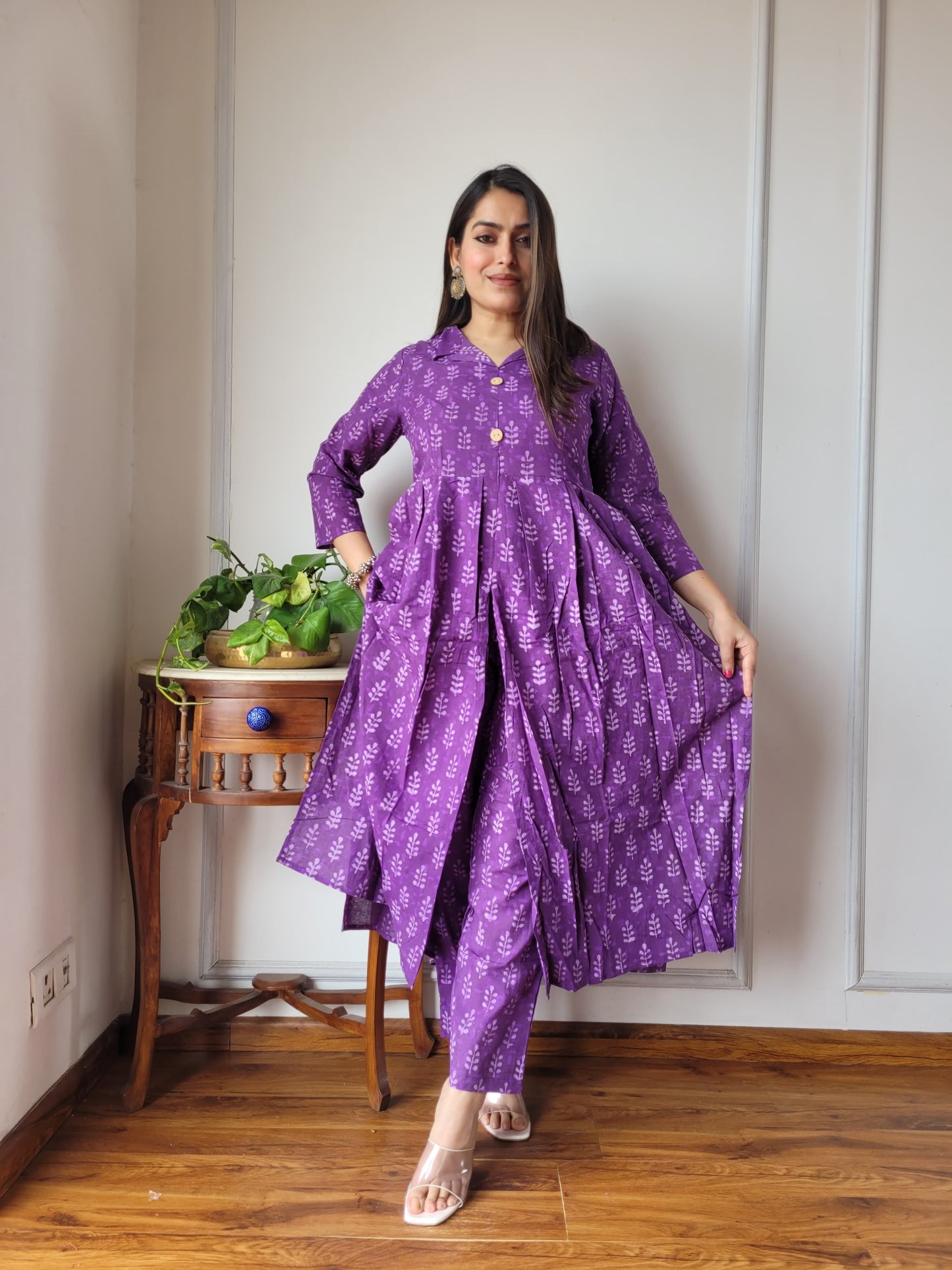 Nyra Cut Handblock Printed Cotton Kurti Pant Set Dress