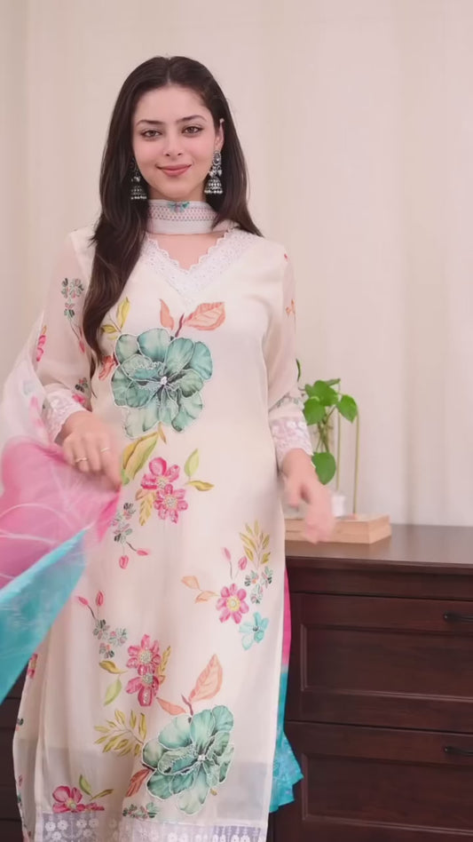 Kurti Vibes Boutique Designer Kurti Pant Dupatta Organza Heavy Digital Printing Hand Work