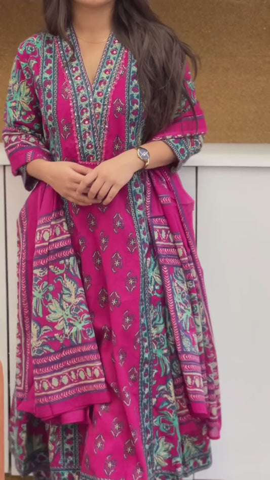 A Line plazzo set vibrant floral handblock print