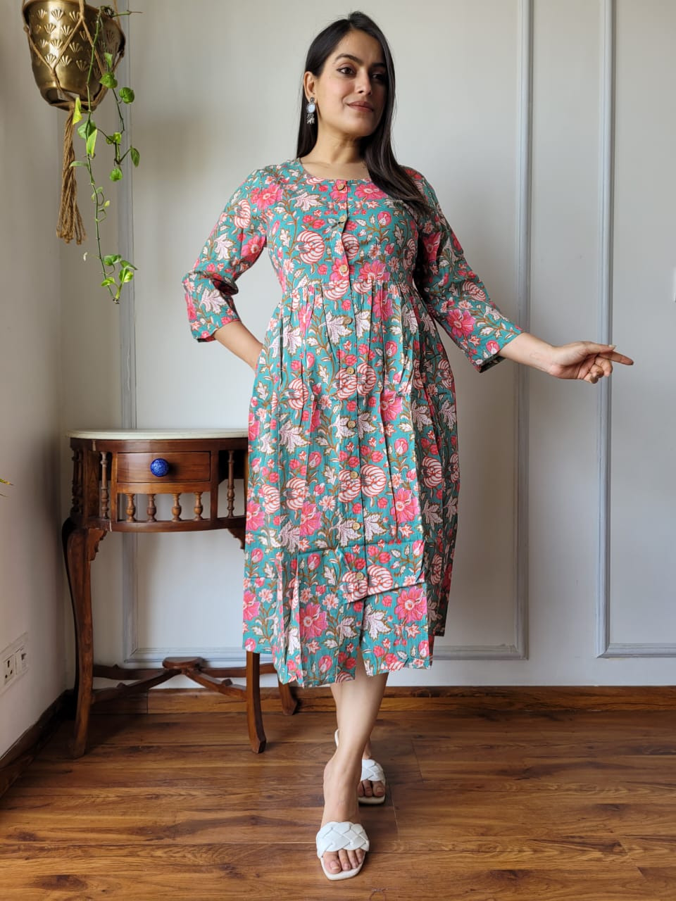 Handblock Print Cotton Kurti One Piece Dress With Sleeves