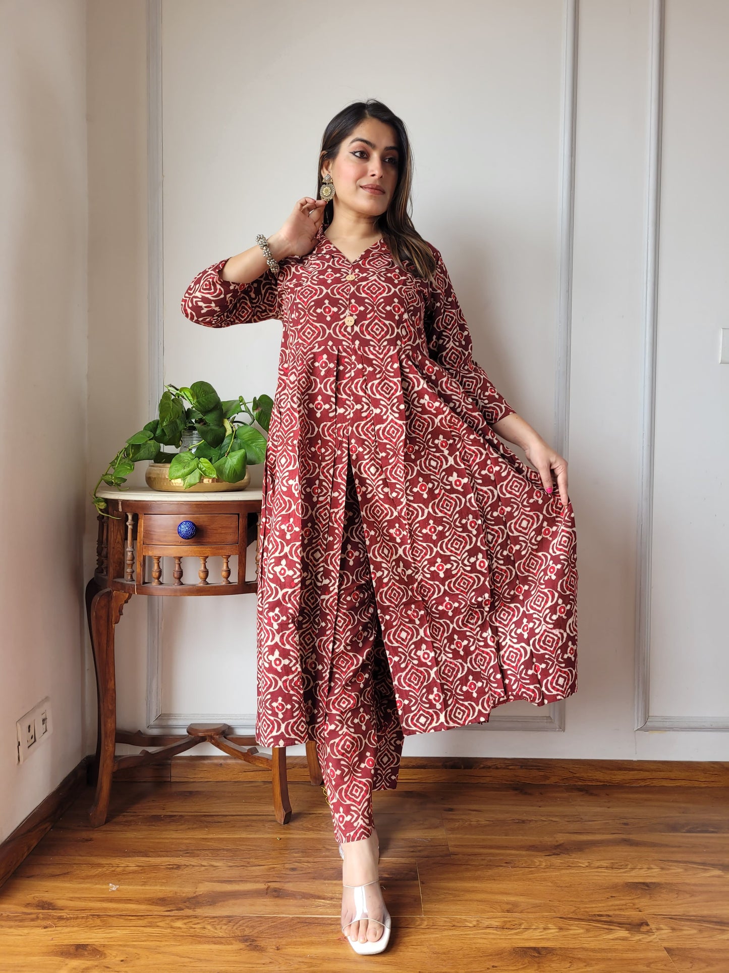 Nyra Cut Handblock Printed Cotton Kurti Pant Set Dress