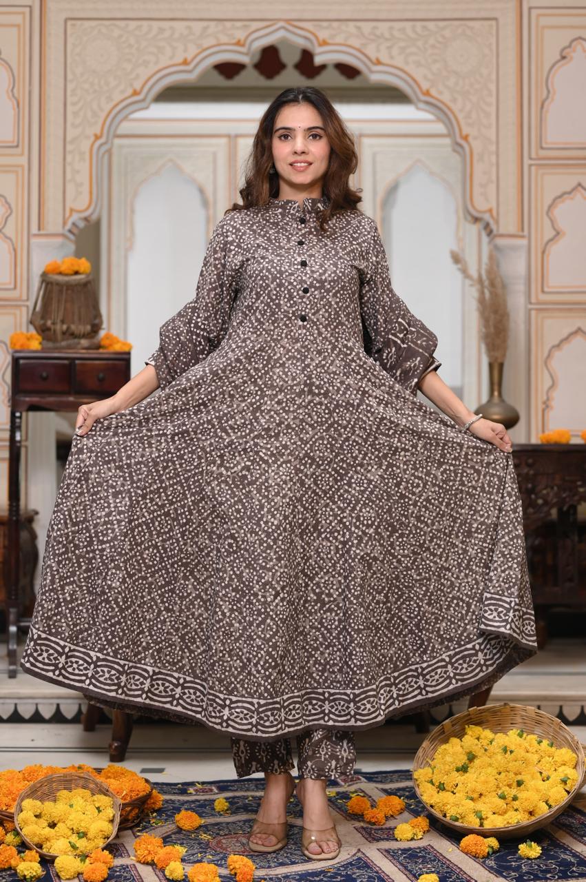 Bagru Handblock Printed Anarkali Set Kurti Pant Dupatta Suits