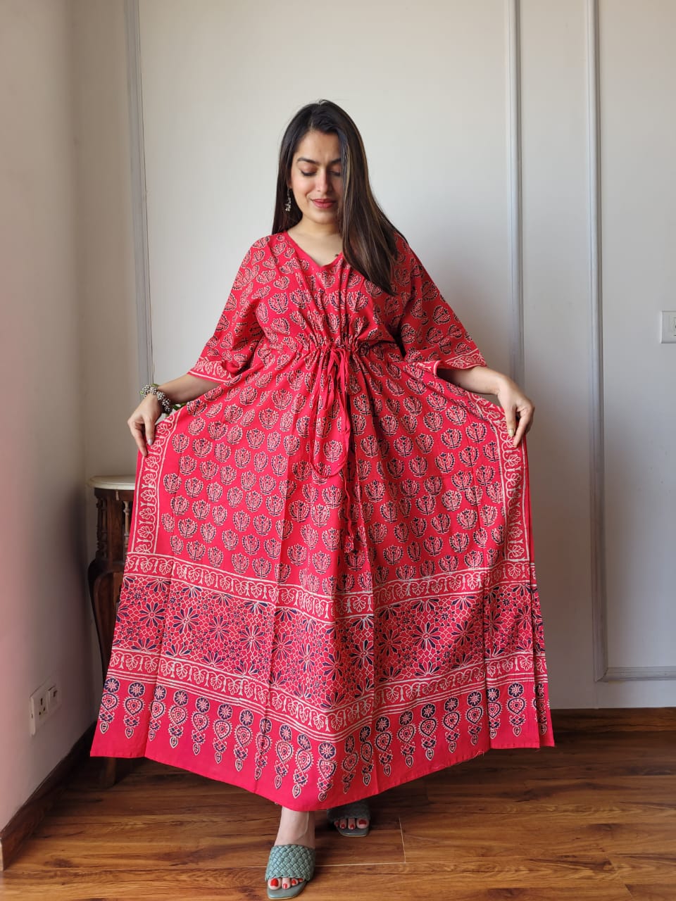 Pure Cotton Handblock Print Kaftan Maxi Night Wear Lounge Wear Night Gown Dress