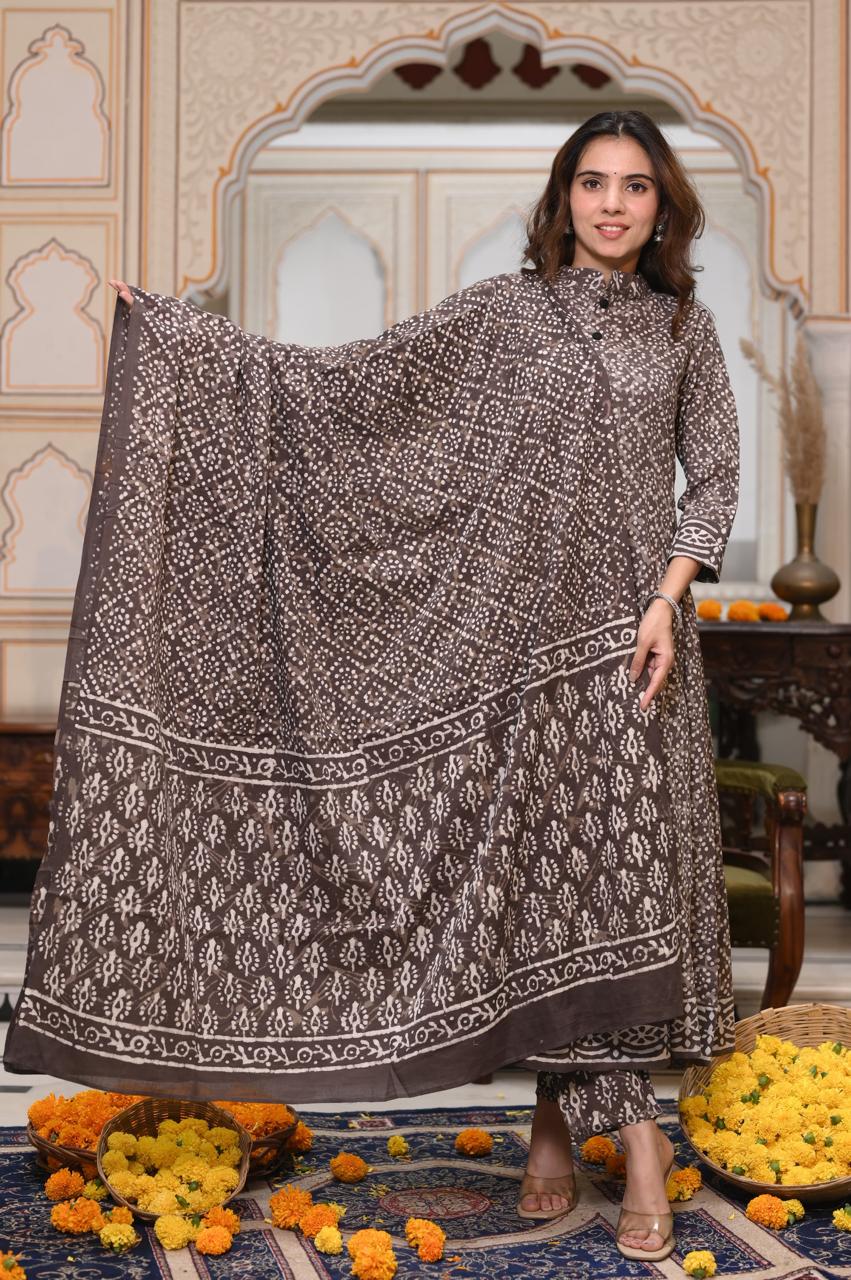 Bagru Handblock Printed Anarkali Set Kurti Pant Dupatta Suits