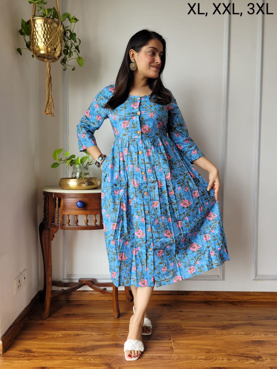Handblock Print Cotton Kurti One Piece Dress With Sleeves