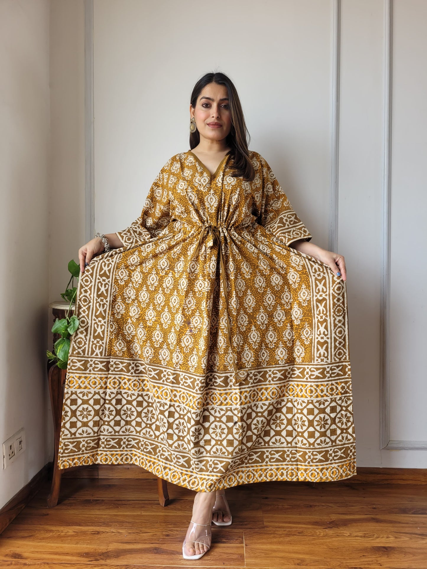 Pure Cotton Handblock Print Kaftan Maxi Night Wear Lounge Wear Night Gown Dress