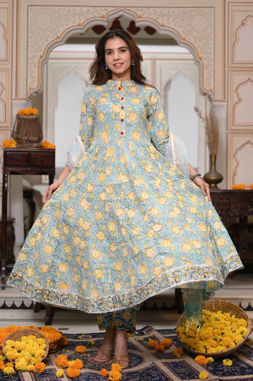 Bagru Handblock Printed Anarkali Set Kurti Pant Dupatta Suits