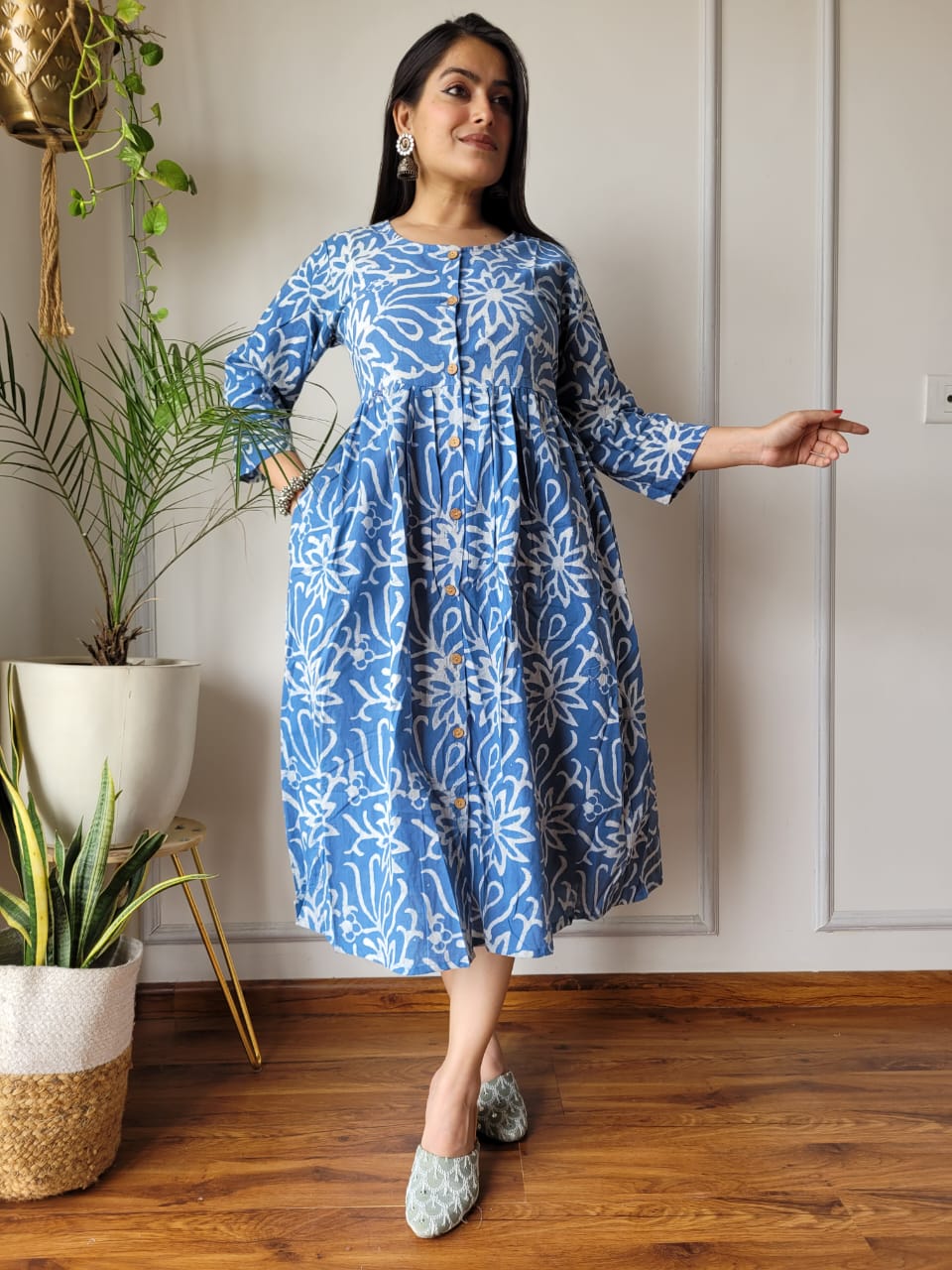Handblock Print Cotton Kurti One Piece Dress With Sleeves