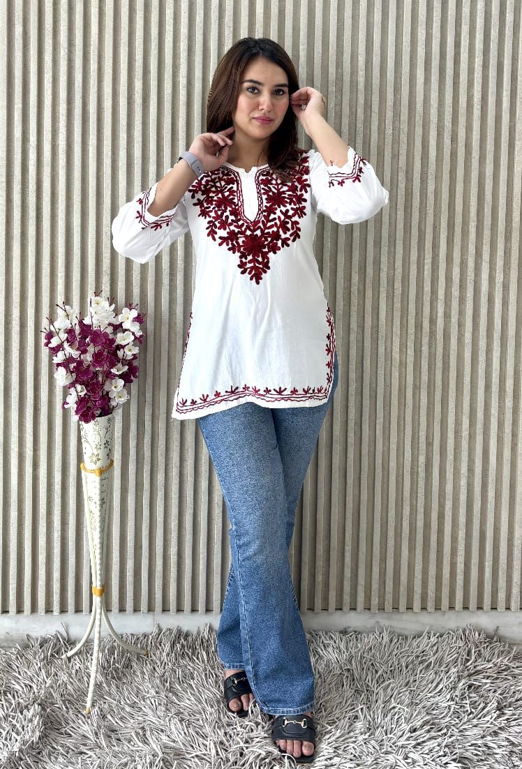PREMIUM AARI EMBROIDERED FANCY RAYON KURTI WITH MODISH DESIGN AND COMFY FABRIC TO WEAR