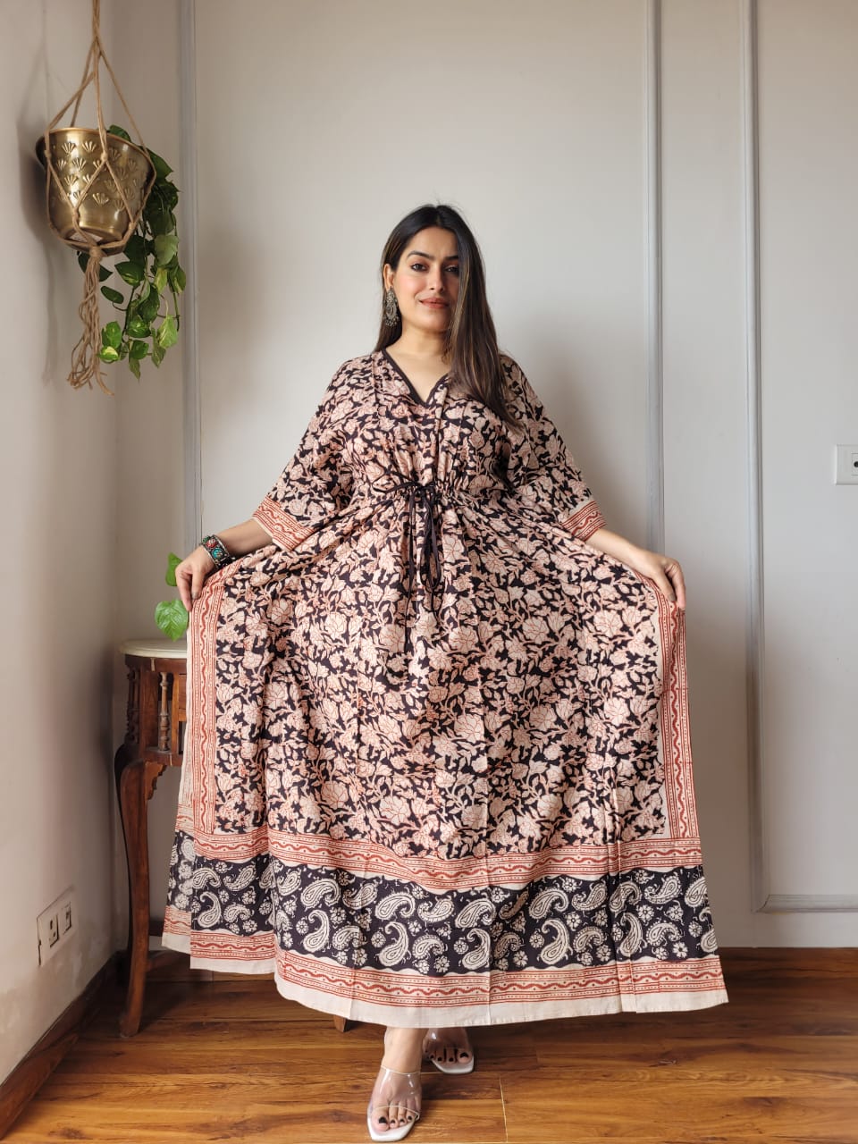 Pure Cotton Handblock Print Kaftan Maxi Night Wear Lounge Wear Night Gown Dress