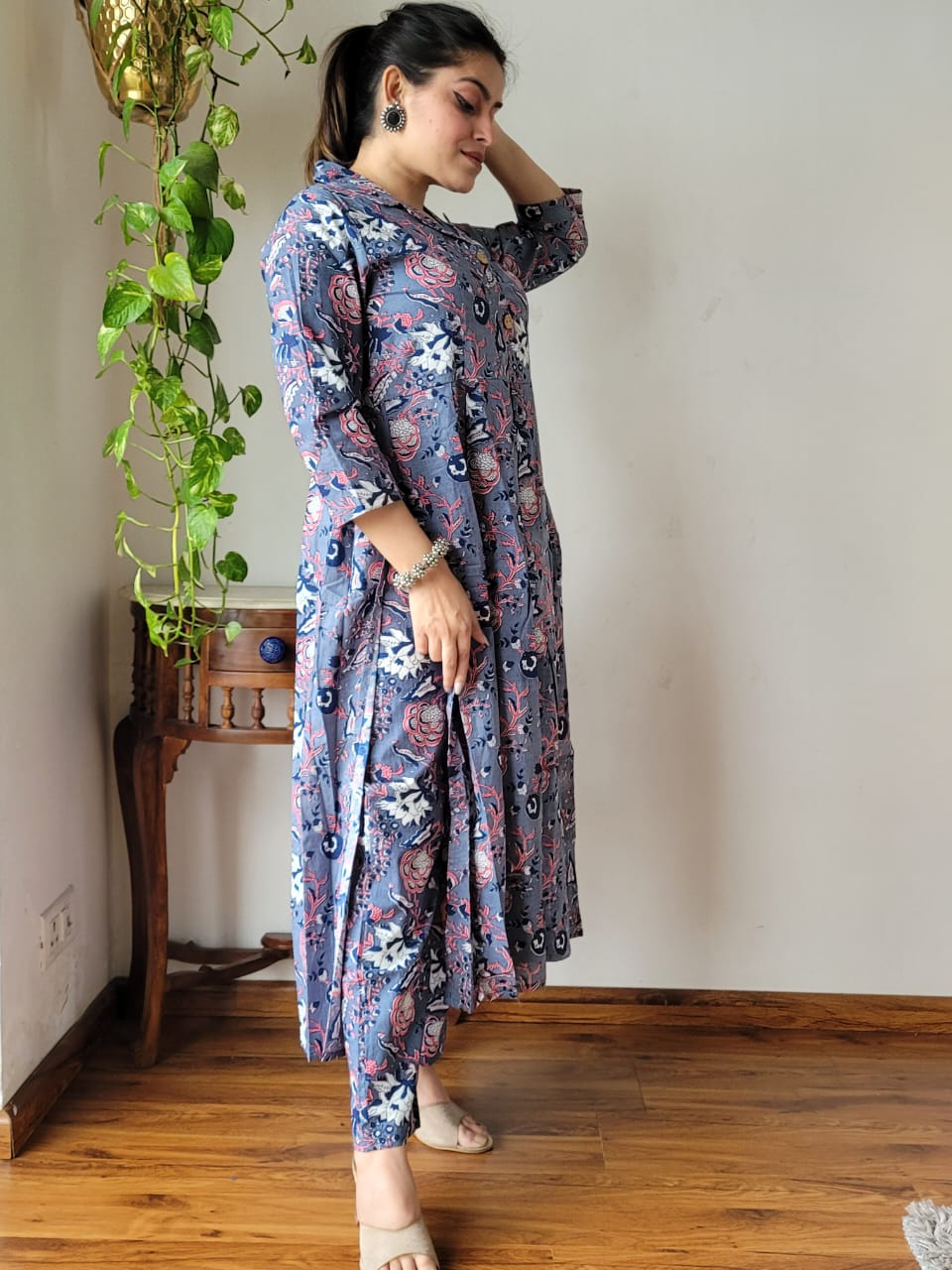 Nyra Cut Handblock Printed Cotton Kurti Pant Set Dress