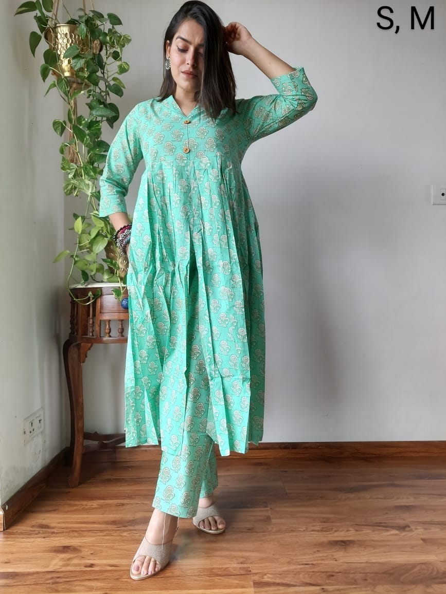 Nyra Cut Handblock Printed Cotton Kurti Pant Set Dress