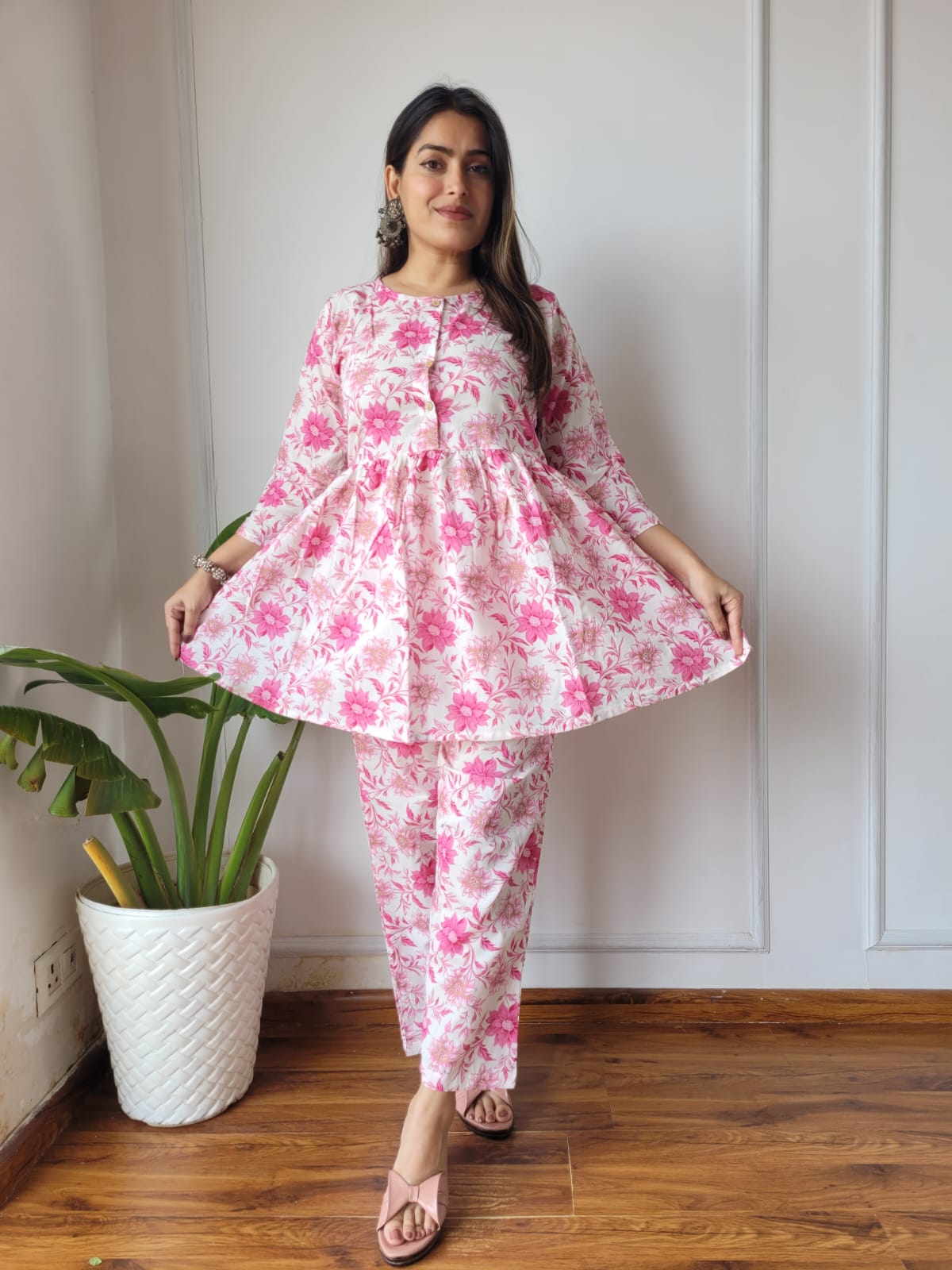 Cotton Handblock Print Women Co-ord Sets Kurti Pant