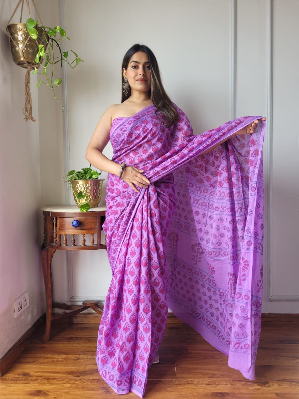 Handblock Printed Cotton Saree With Blouse Piece
