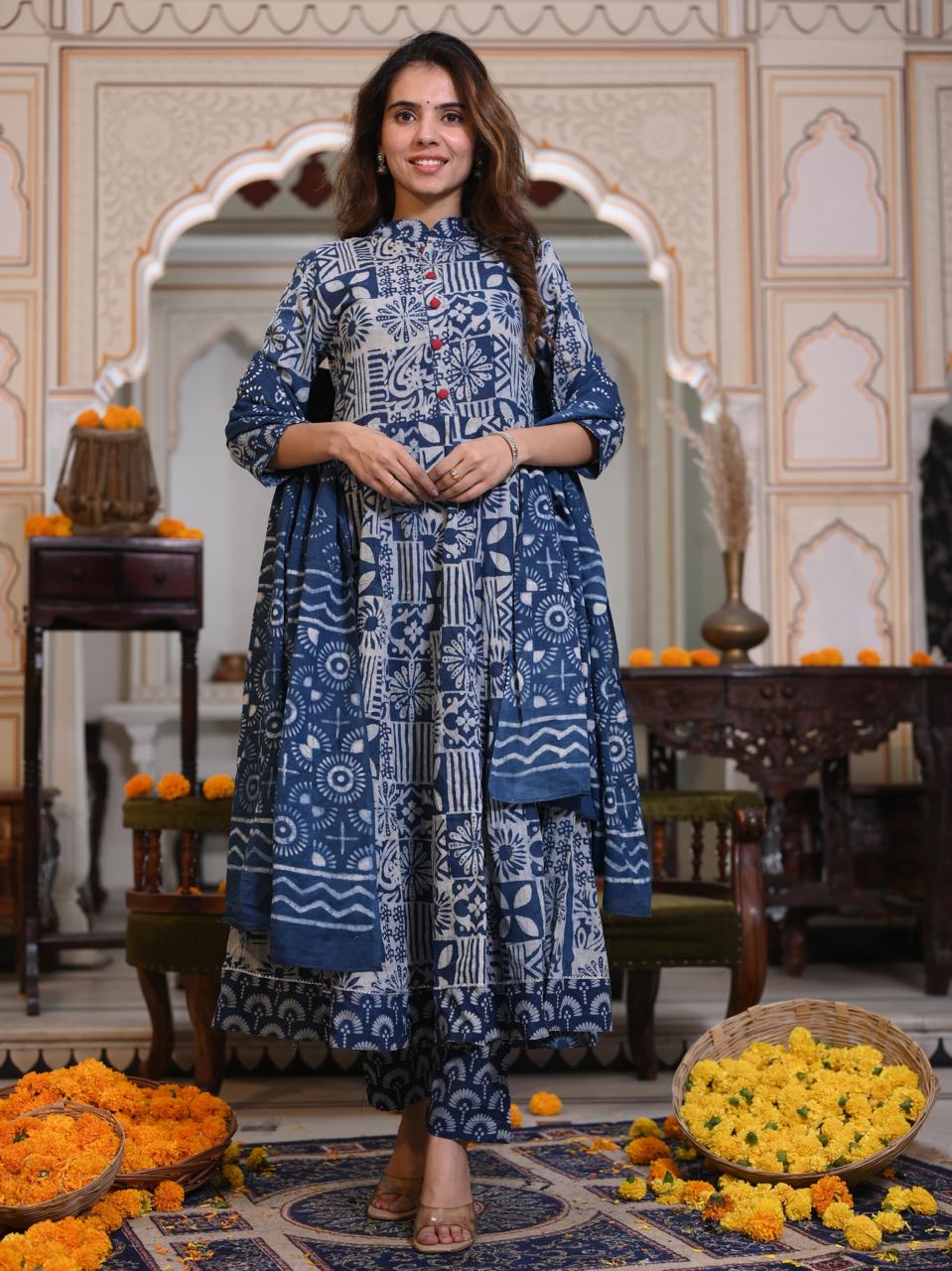 Bagru Handblock Printed Anarkali Set Kurti Pant Dupatta Suits