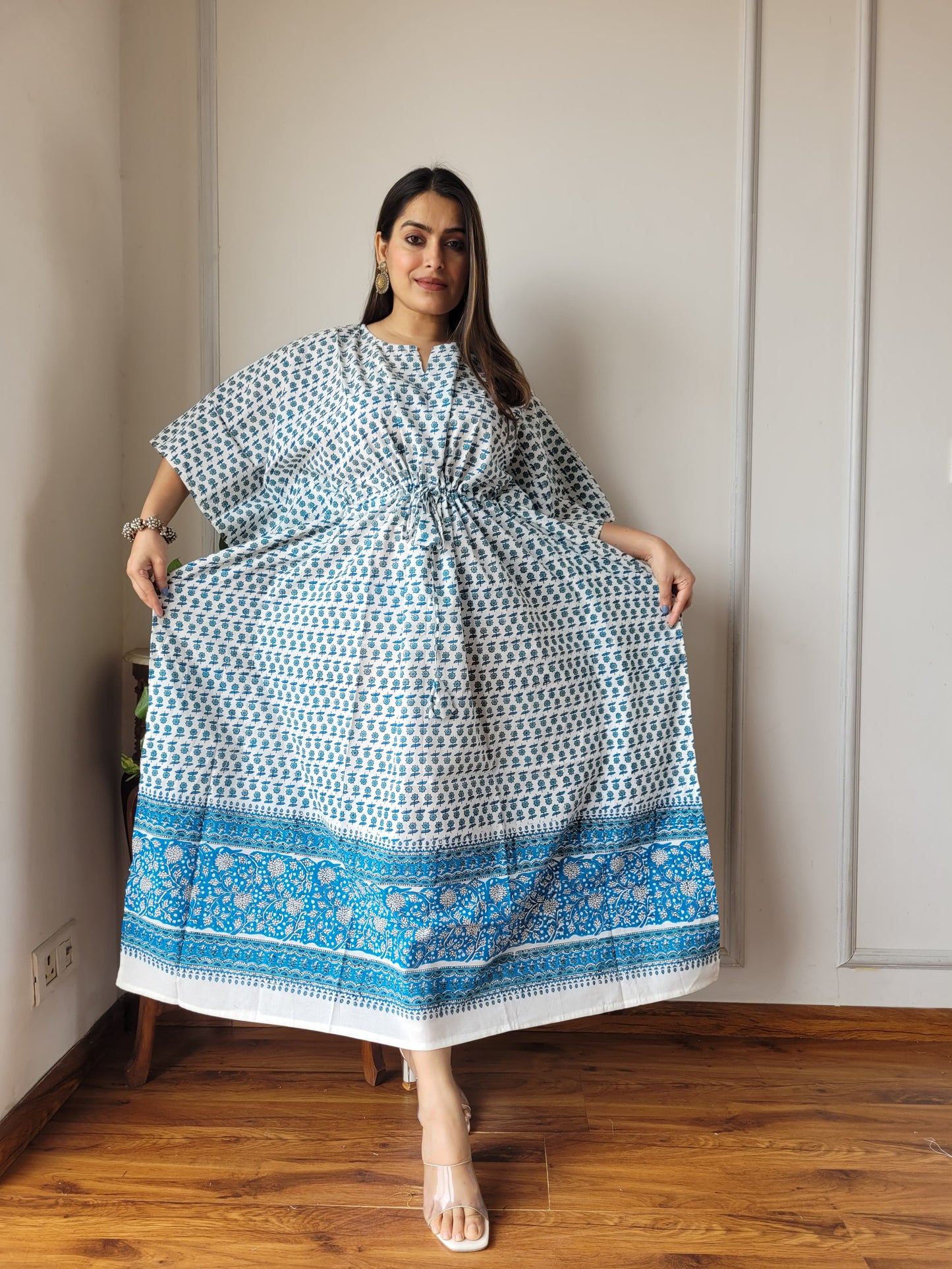 Pure Cotton Handblock Print Kaftan Maxi Night Wear Lounge Wear Night Gown Dress