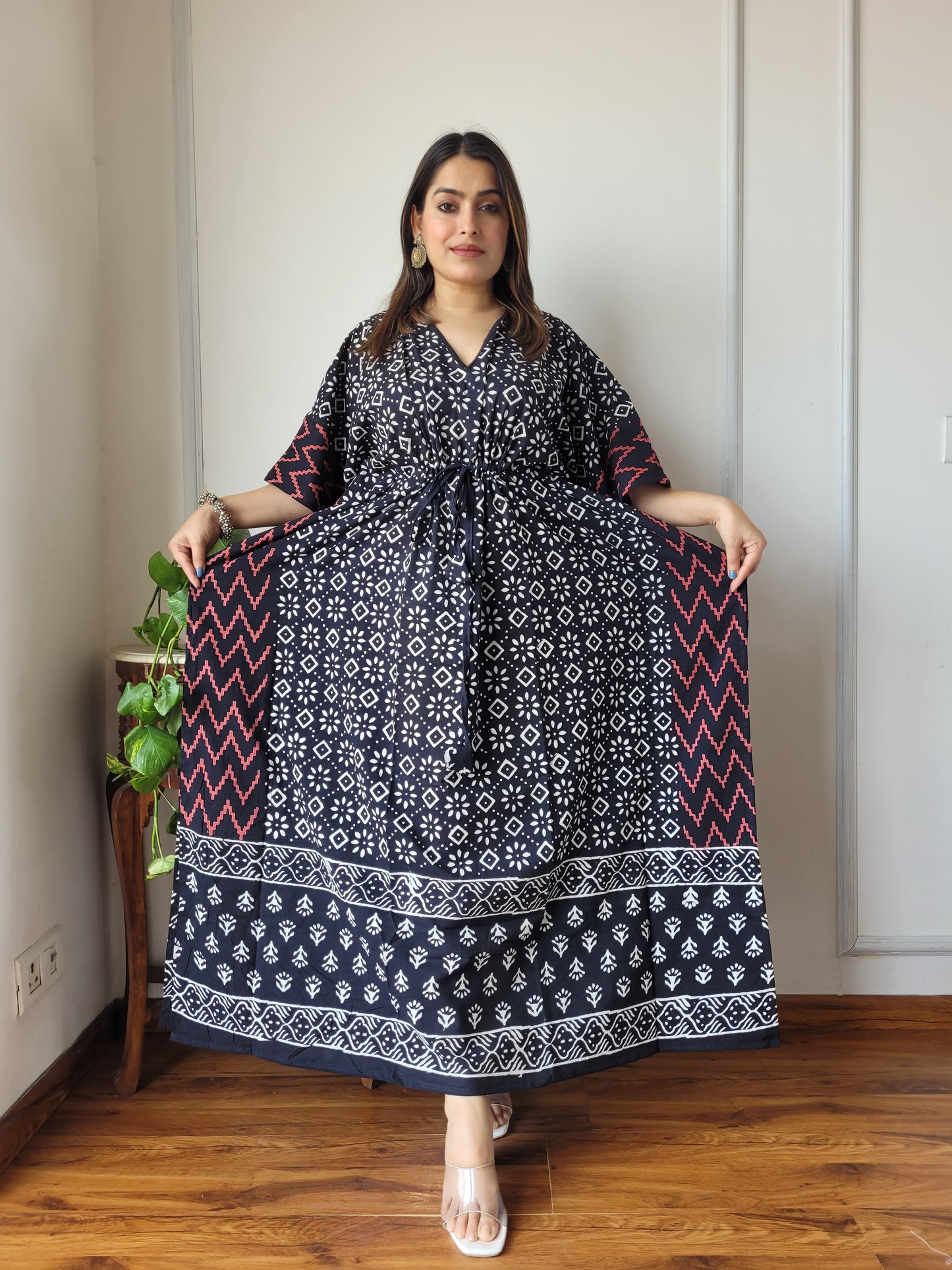 Pure Cotton Handblock Print Kaftan Maxi Night Wear Lounge Wear Night Gown Dress