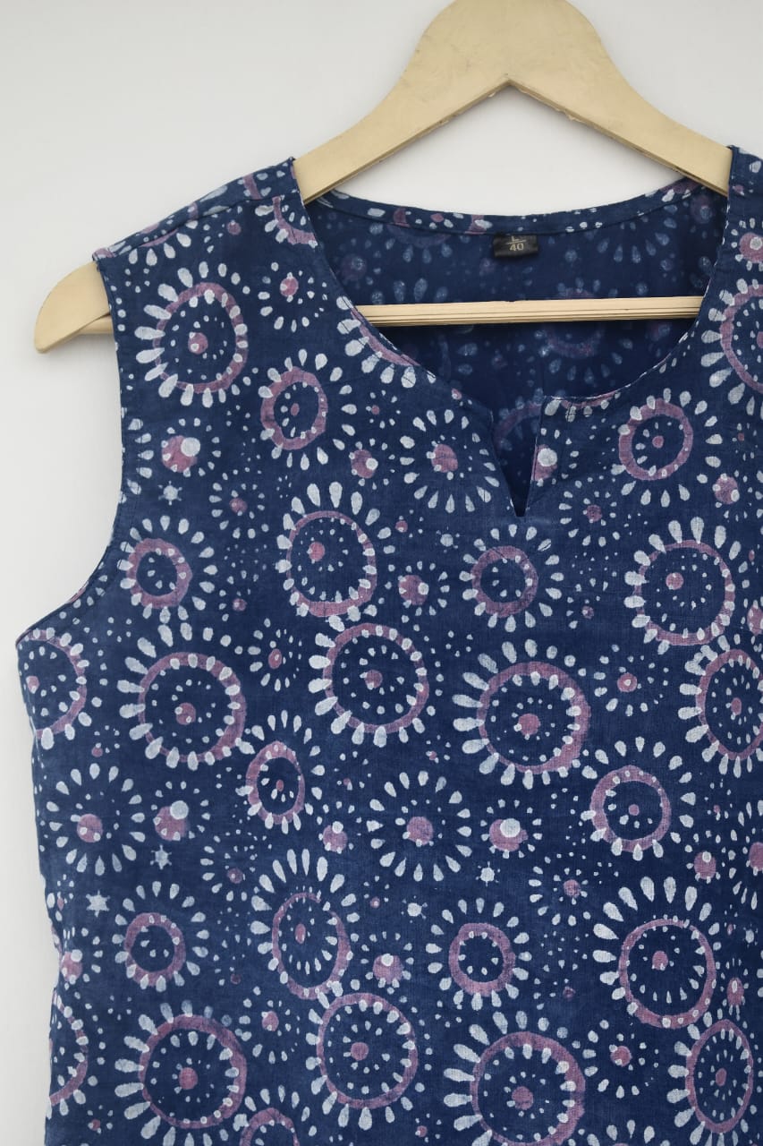 Cotton sleeveless tops kurti handblock print handmade natural colors