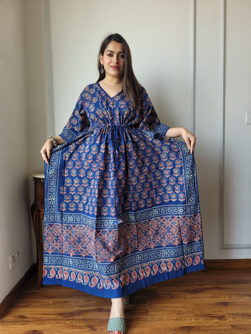 Pure Cotton Handblock Print Kaftan Maxi Night Wear Lounge Wear Night Gown Dress