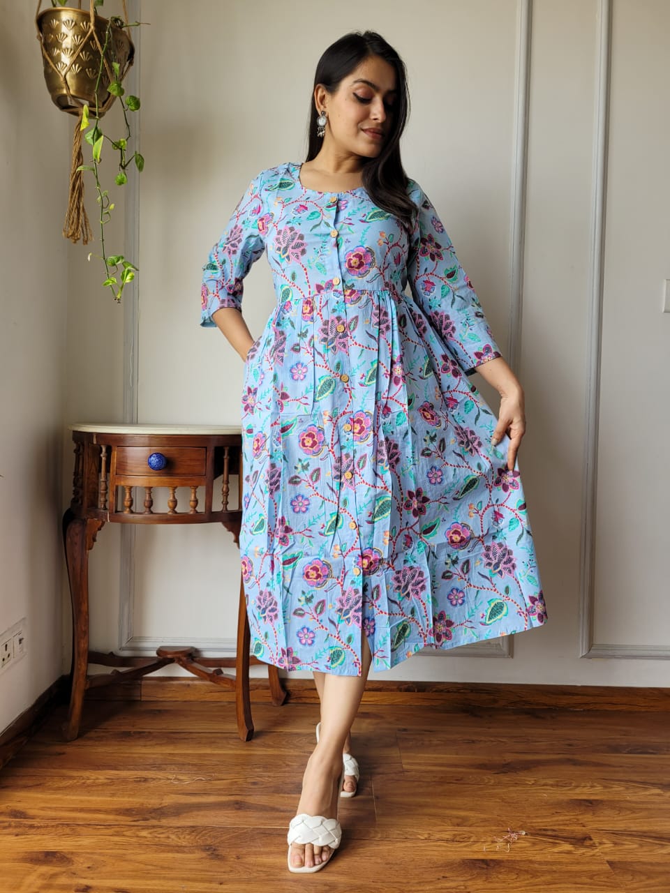 Handblock Print Cotton Kurti One Piece Dress With Sleeves