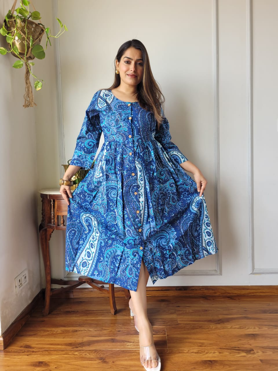 Handblock Print Cotton Kurti One Piece Dress With Sleeves