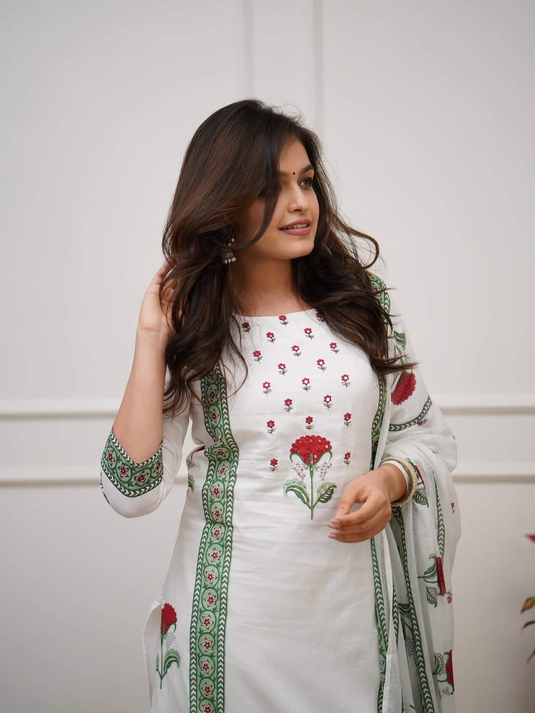 Cotton Kurti Pant Dupatta With Work on Neck & Floral Print