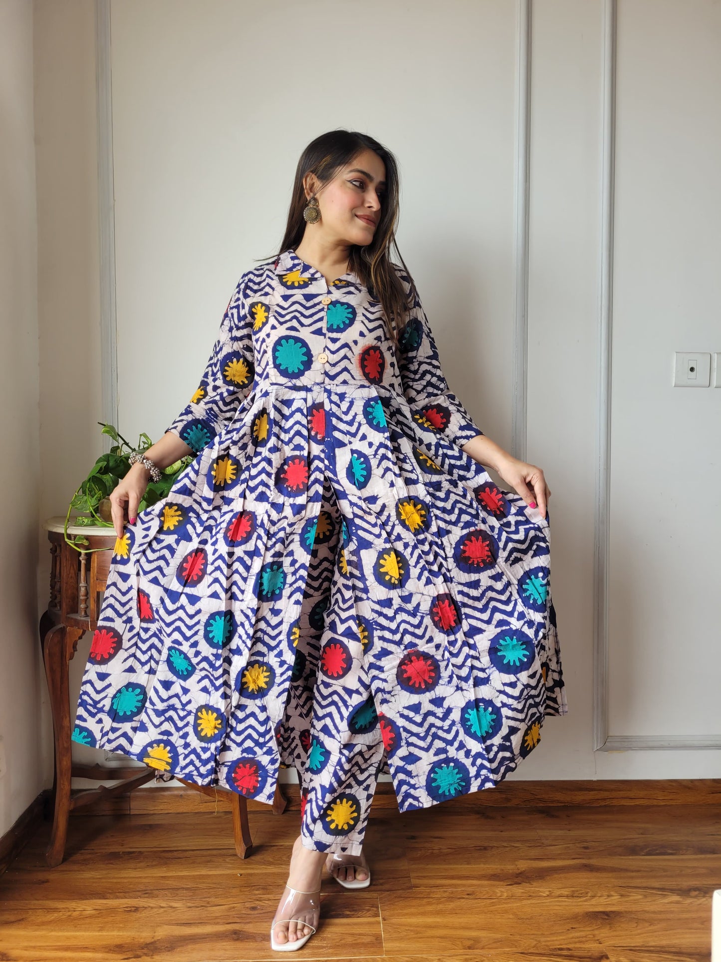 Nyra Cut Handblock Printed Cotton Kurti Pant Set Dress