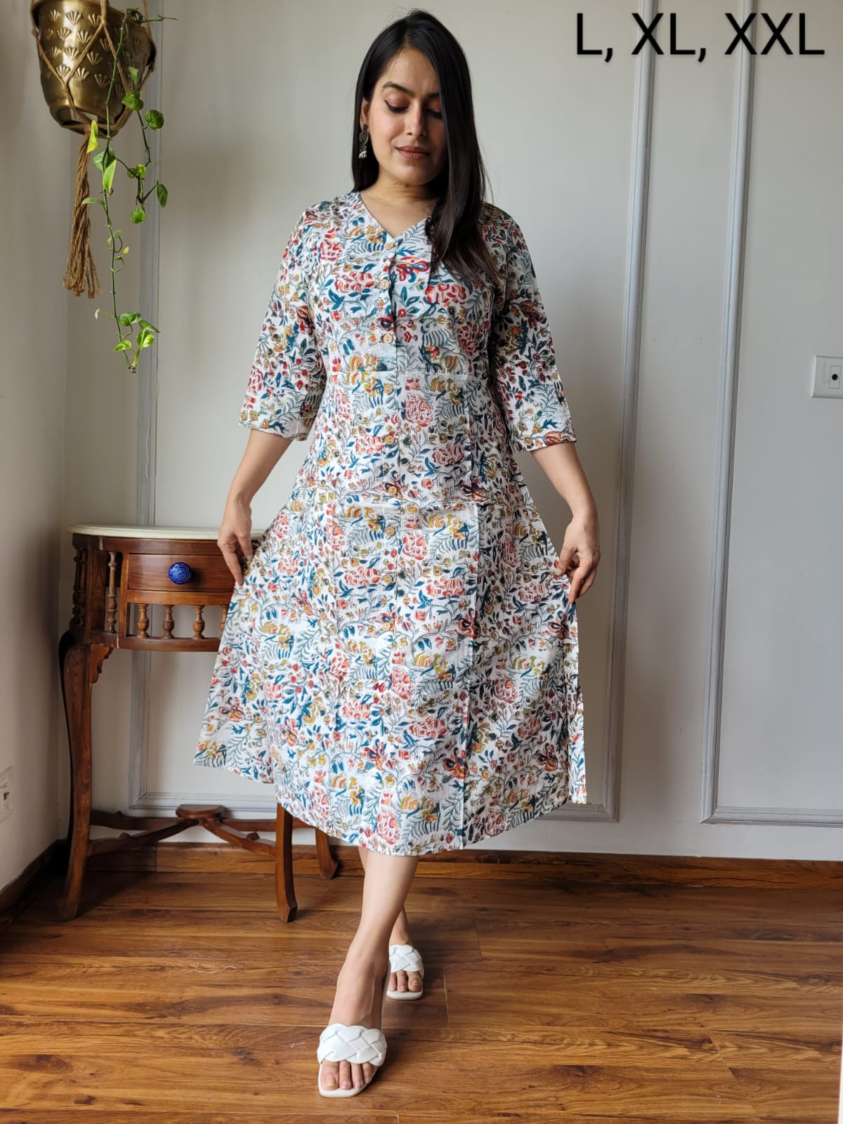 Handblock Print Cotton Kurti One Piece Dress With Sleeves