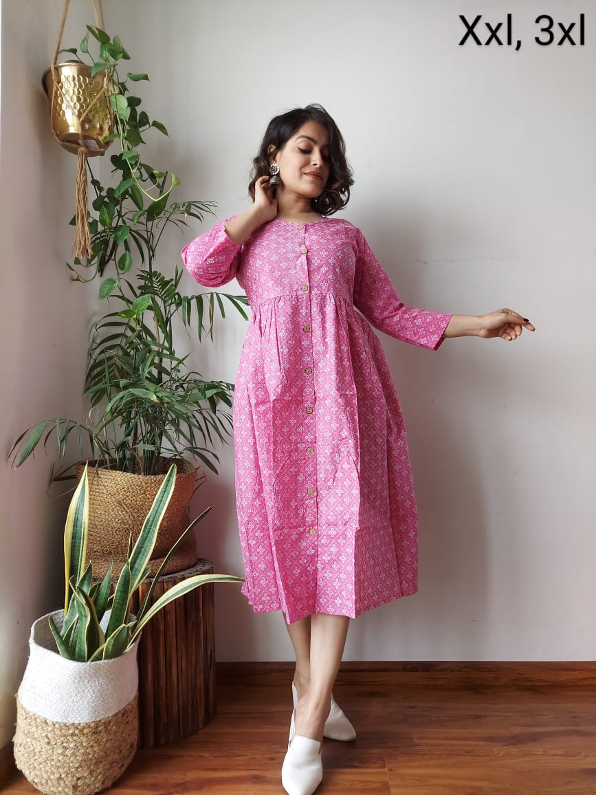 Handblock Print Cotton Kurti One Piece Dress With Sleeves