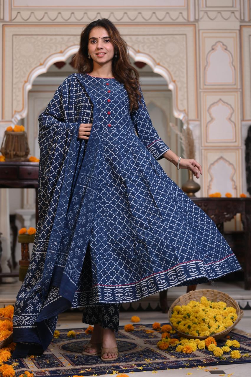 Bagru Handblock Printed Anarkali Set Kurti Pant Dupatta Suits