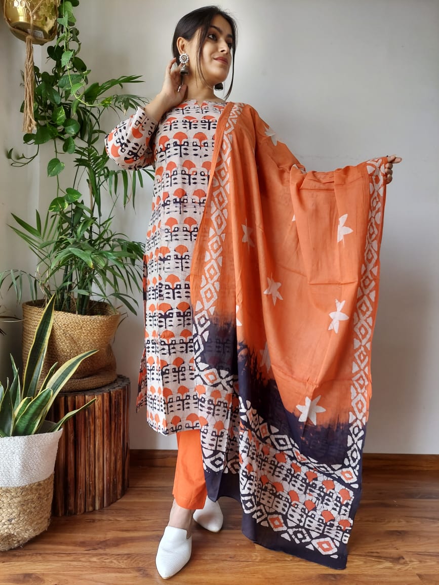 Premium Quality Handblock Print Cotton Suits Kurti Pant Dupatta Set