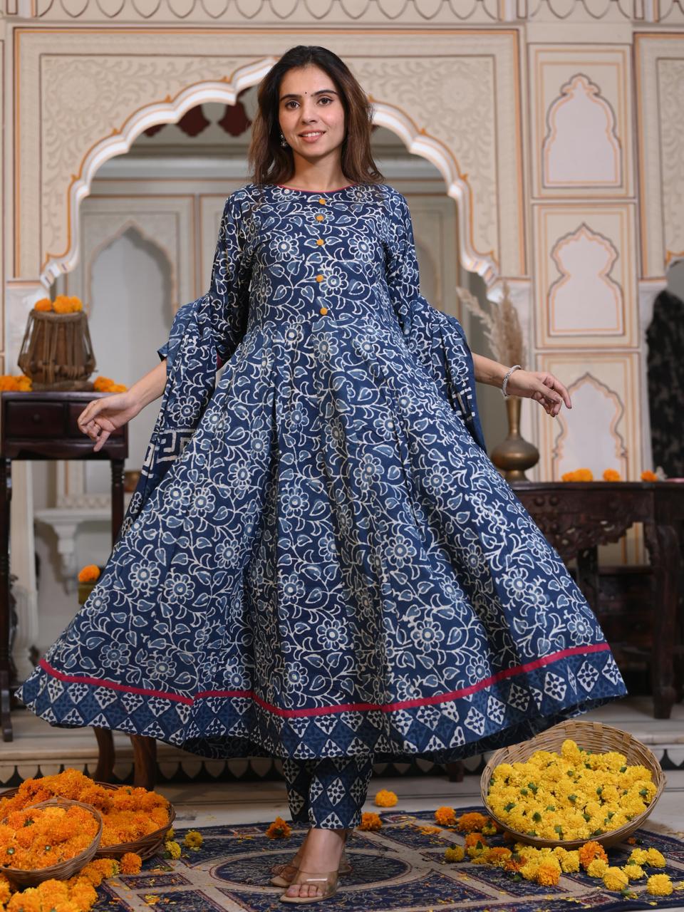 Bagru Handblock Printed Anarkali Set Kurti Pant Dupatta Suits