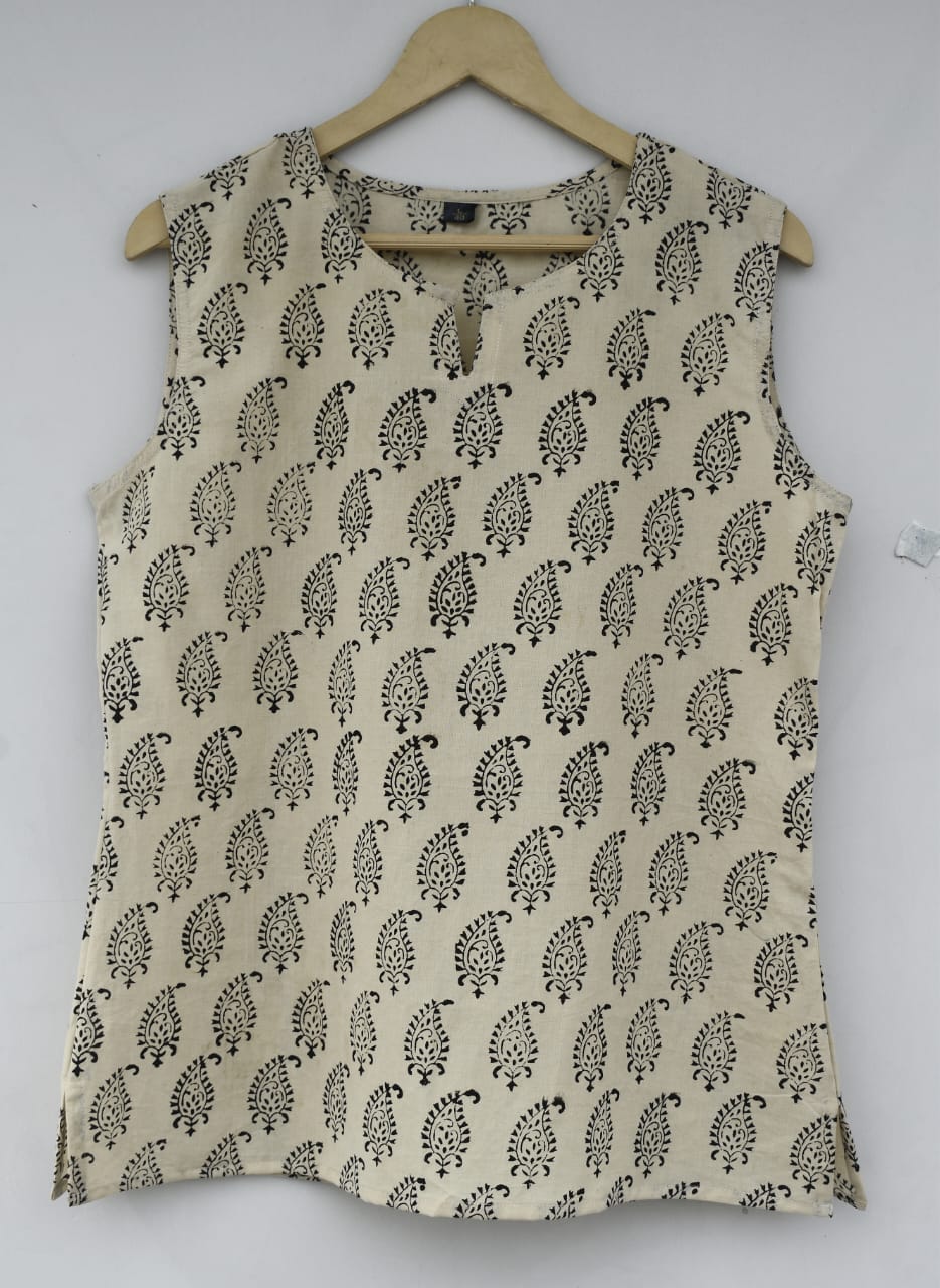 Cotton sleeveless tops kurti handblock print handmade natural colors