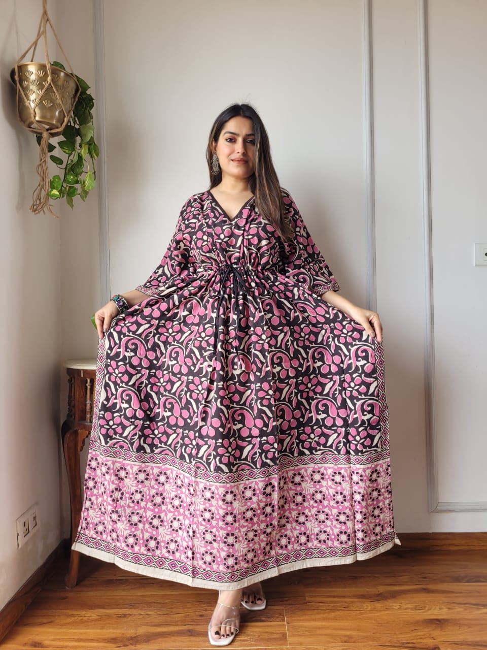 Pure Cotton Handblock Print Kaftan Maxi Night Wear Lounge Wear Night Gown Dress