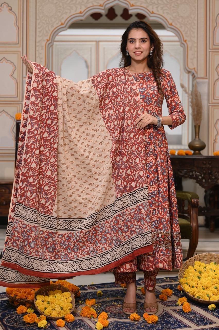 Bagru Handblock Printed Anarkali Set Kurti Pant Dupatta Suits