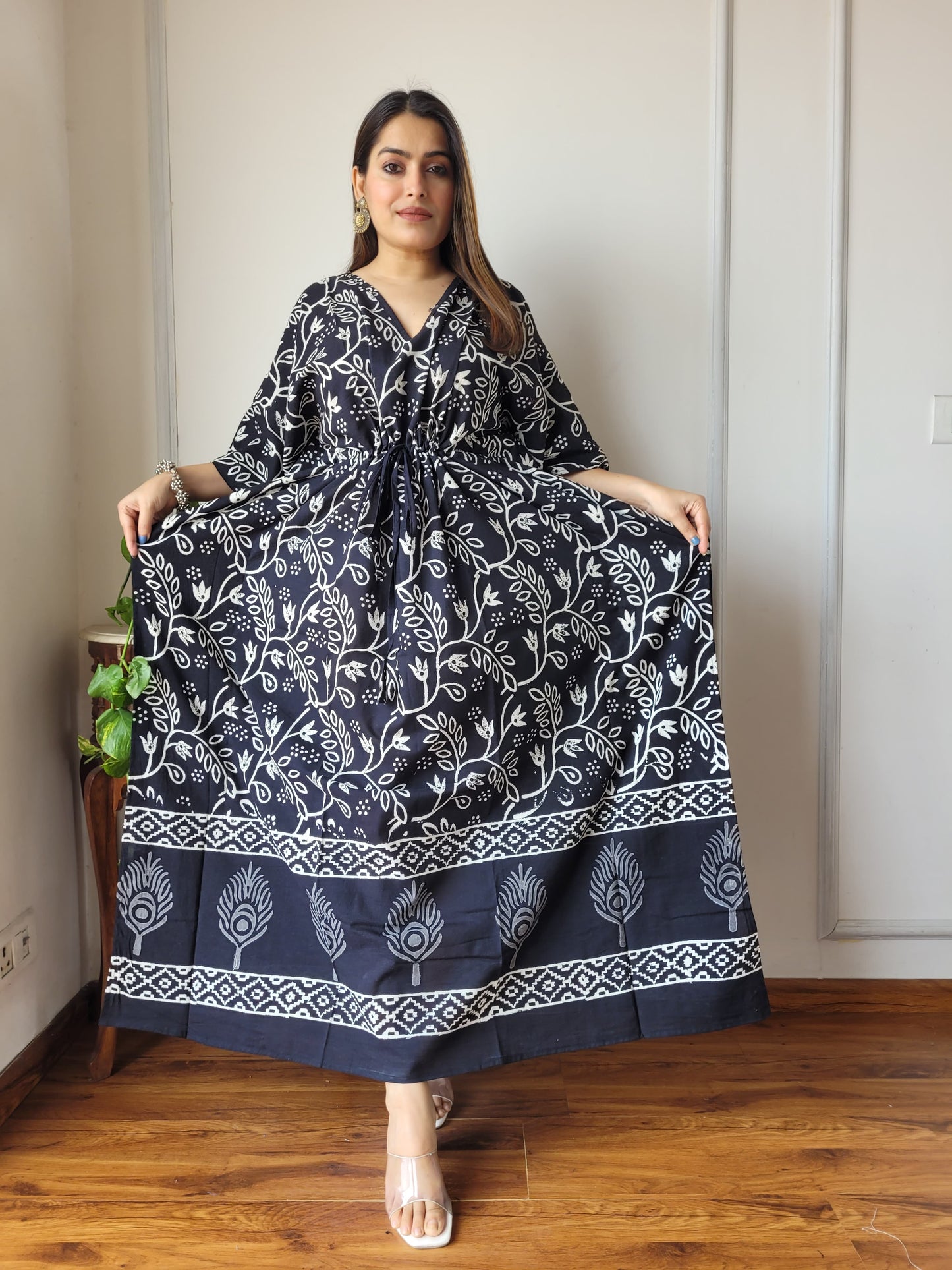 Pure Cotton Handblock Print Kaftan Maxi Night Wear Lounge Wear Night Gown Dress