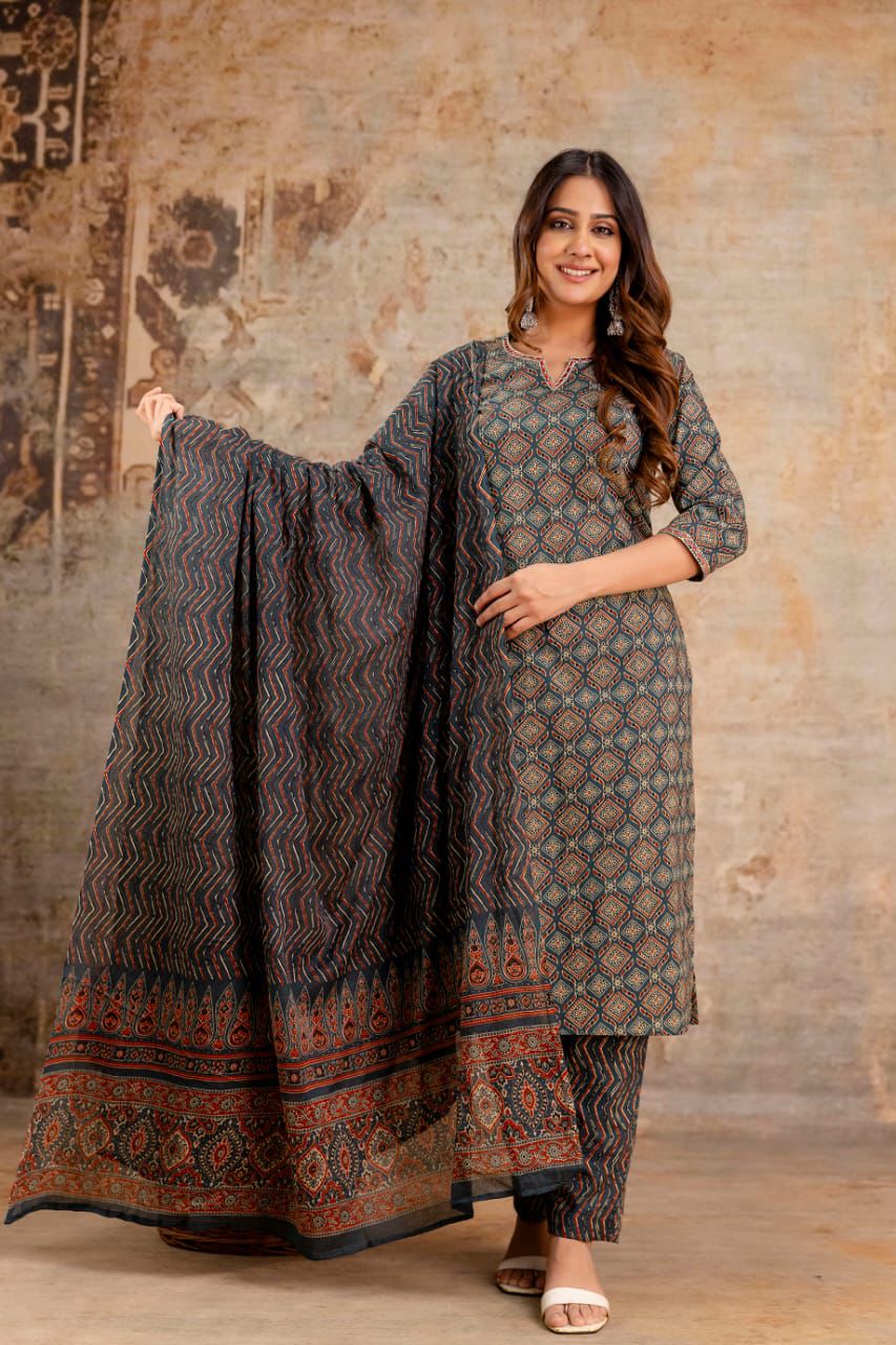 Jaipuri suits cotton kurti pant dupatta sanganeri print dress