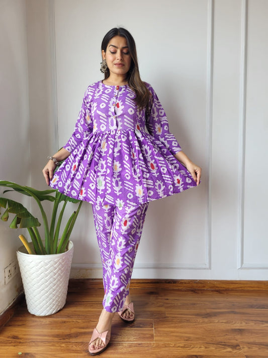 Cotton Handblock Print Women Co-ord Sets Kurti Pant