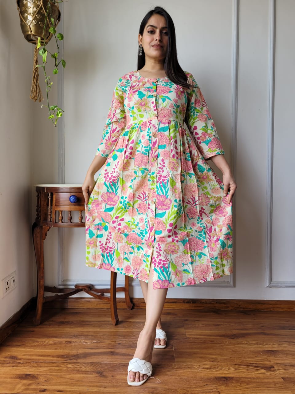 Handblock Print Cotton Kurti One Piece Dress With Sleeves