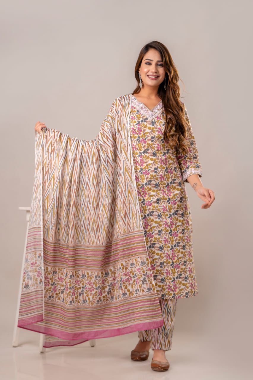 Jaipuri suits cotton kurti pant dupatta sanganeri print dress