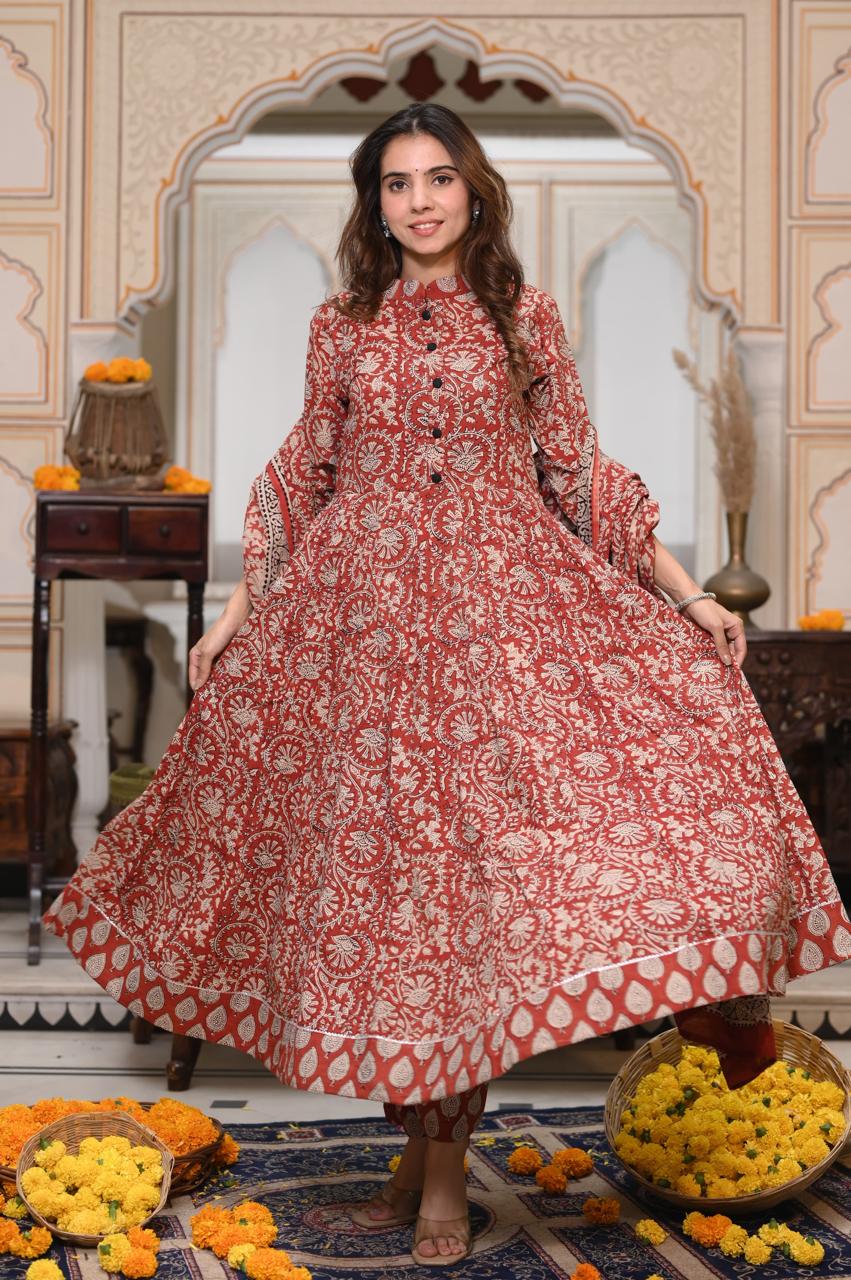 Bagru Handblock Printed Anarkali Set Kurti Pant Dupatta Suits