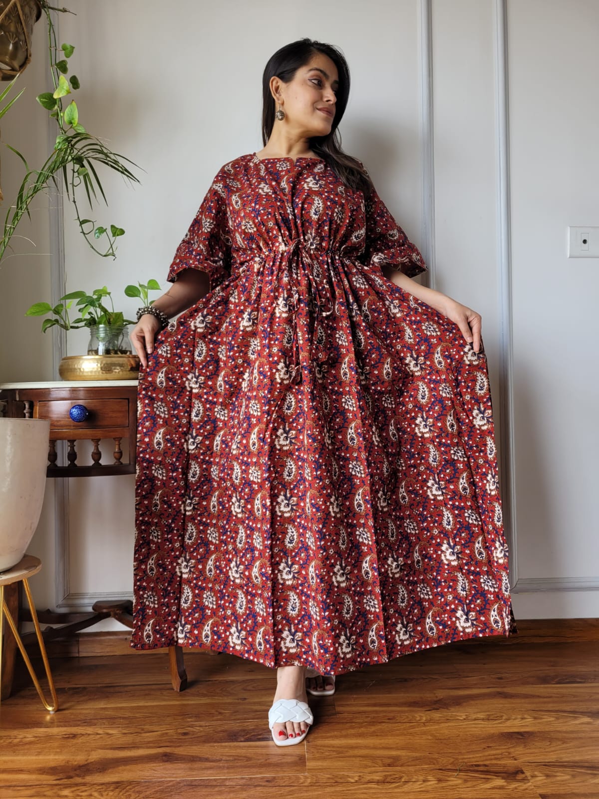 Pure Cotton Handblock Print Kaftan Maxi Night Wear Lounge Wear Night Gown Dress