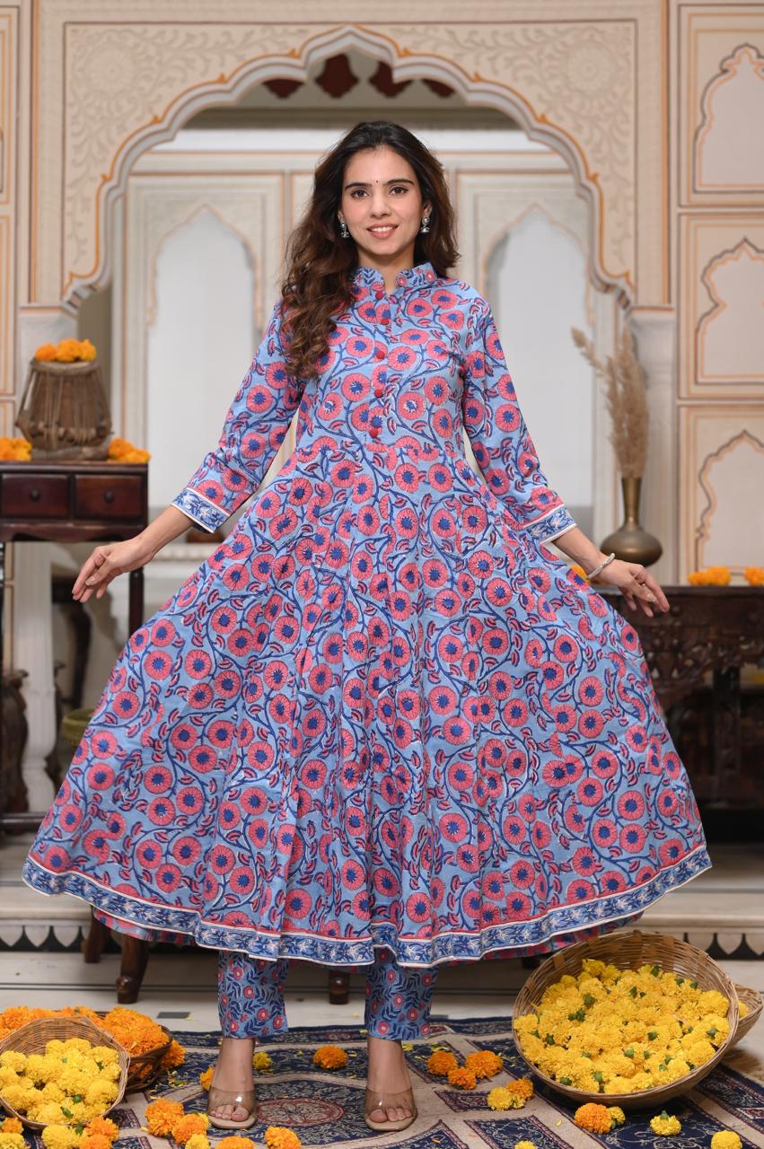 Bagru Handblock Printed Anarkali Set Kurti Pant Dupatta Suits