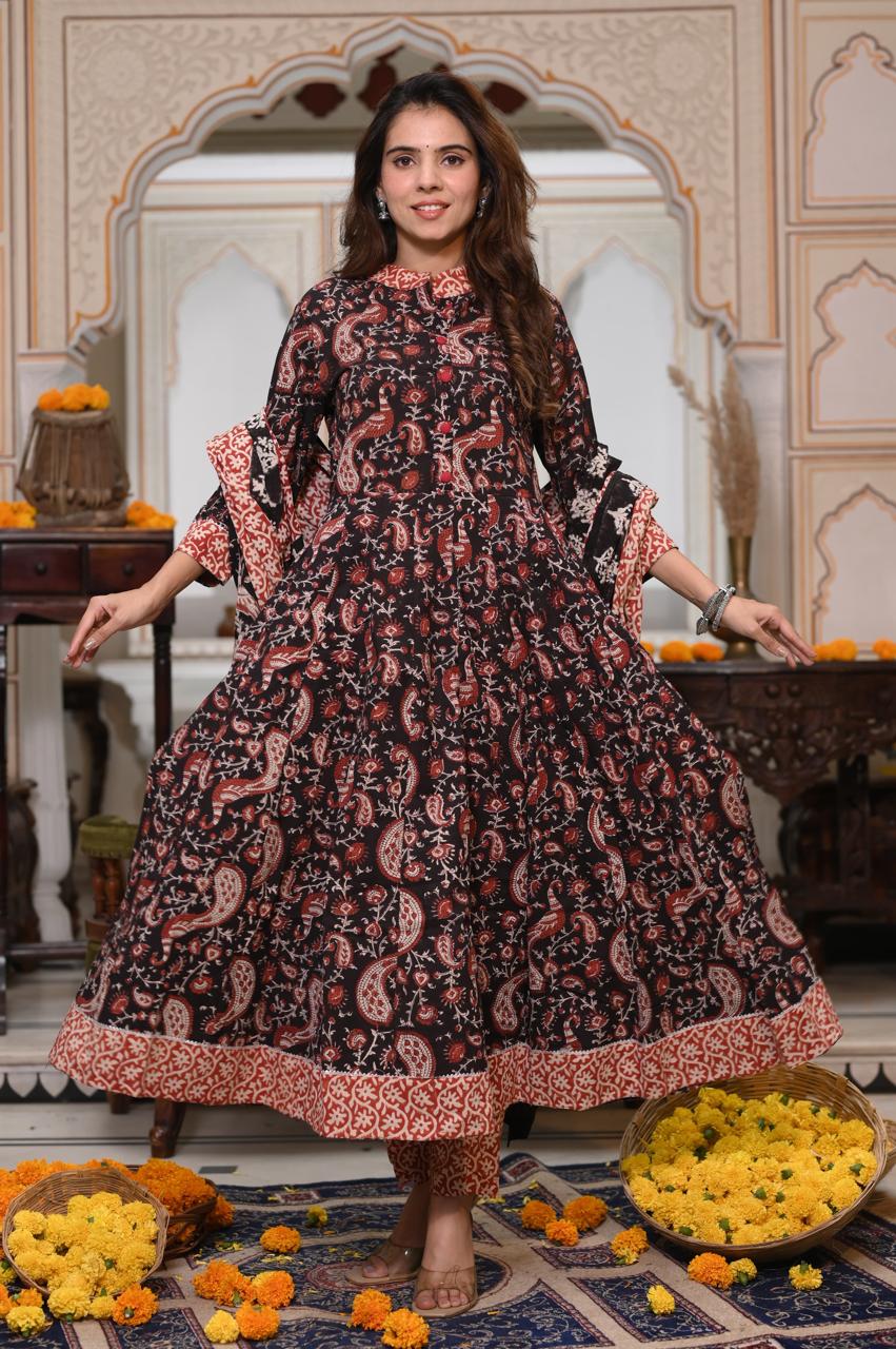 Bagru Handblock Printed Anarkali Set Kurti Pant Dupatta Suits