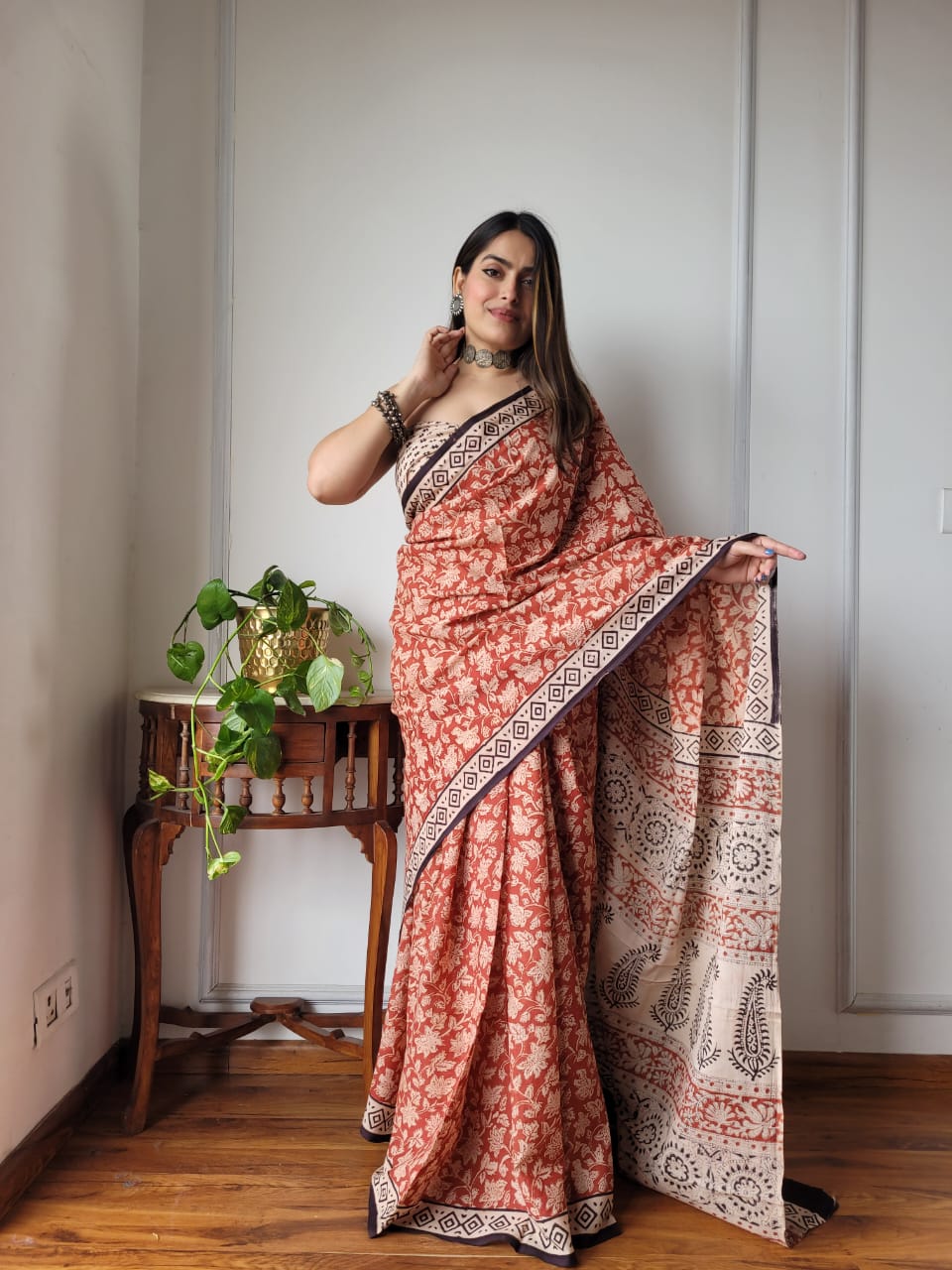 Handblock Printed Cotton Saree With Blouse Piece
